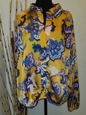Floral Satin Blouse in Mustard Yellow, Purple And Pink